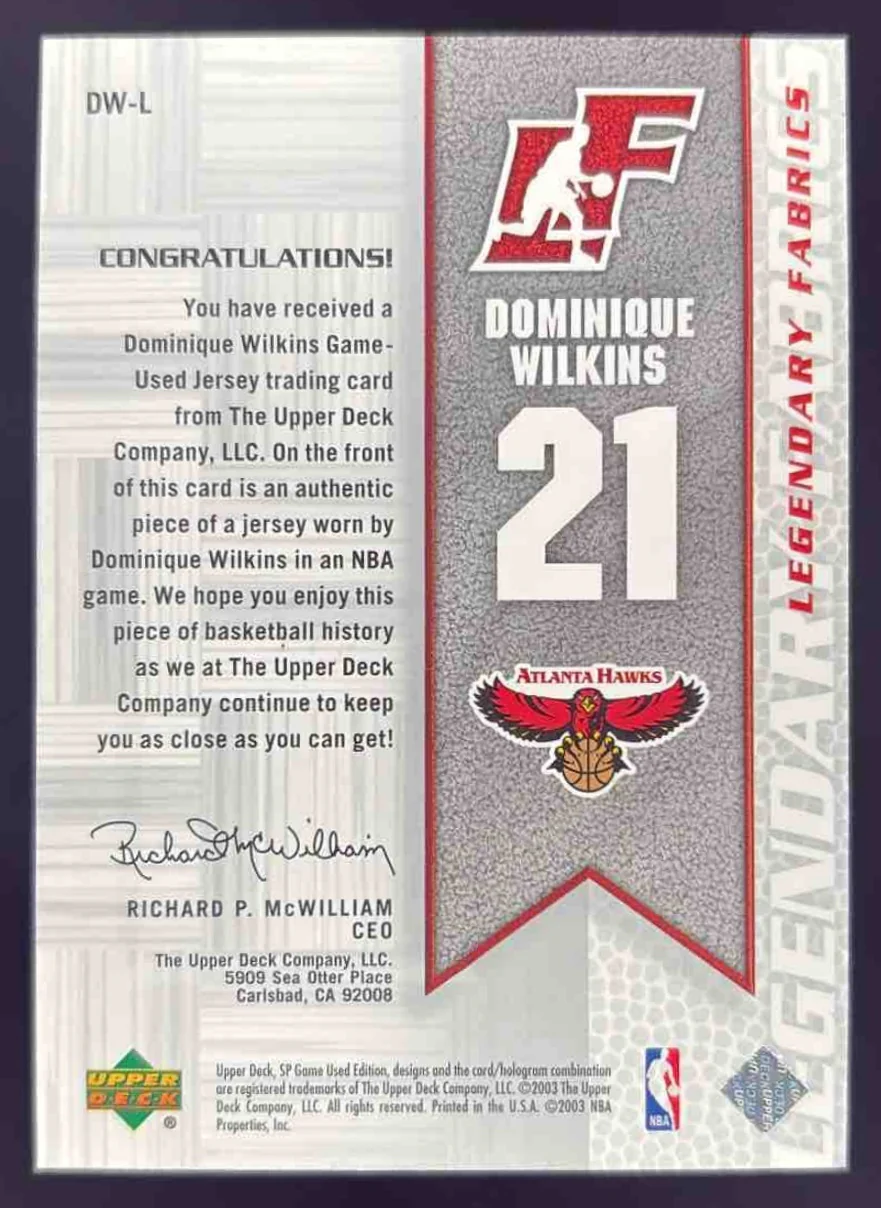 2003-04 SP Game Used Legendary Fabrics #DW-L Dominique Wilkins - Image 2