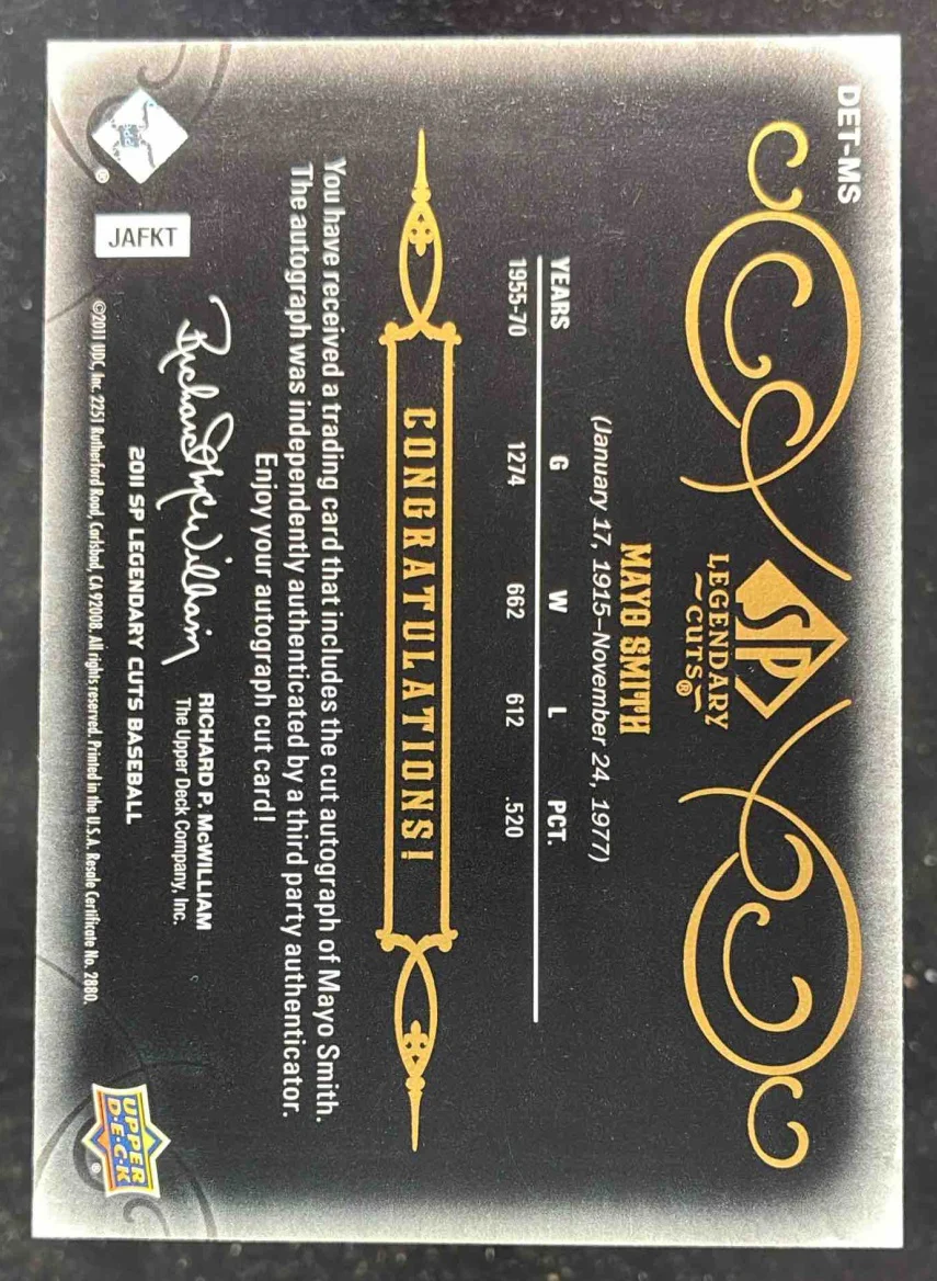 2011 SP Legendary Cuts Legendary Black Cut #DET-MS Mayo Smith Autograph Auto /6 - Image 2