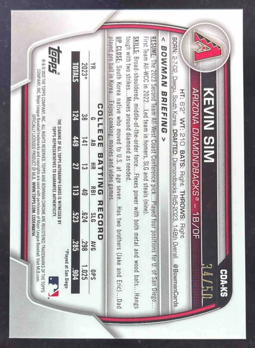 2023 Bowman Draft Chrome Gold Shimmer Refractor #CDA-KS Kevin Sim RC Auto /50 - Image 2