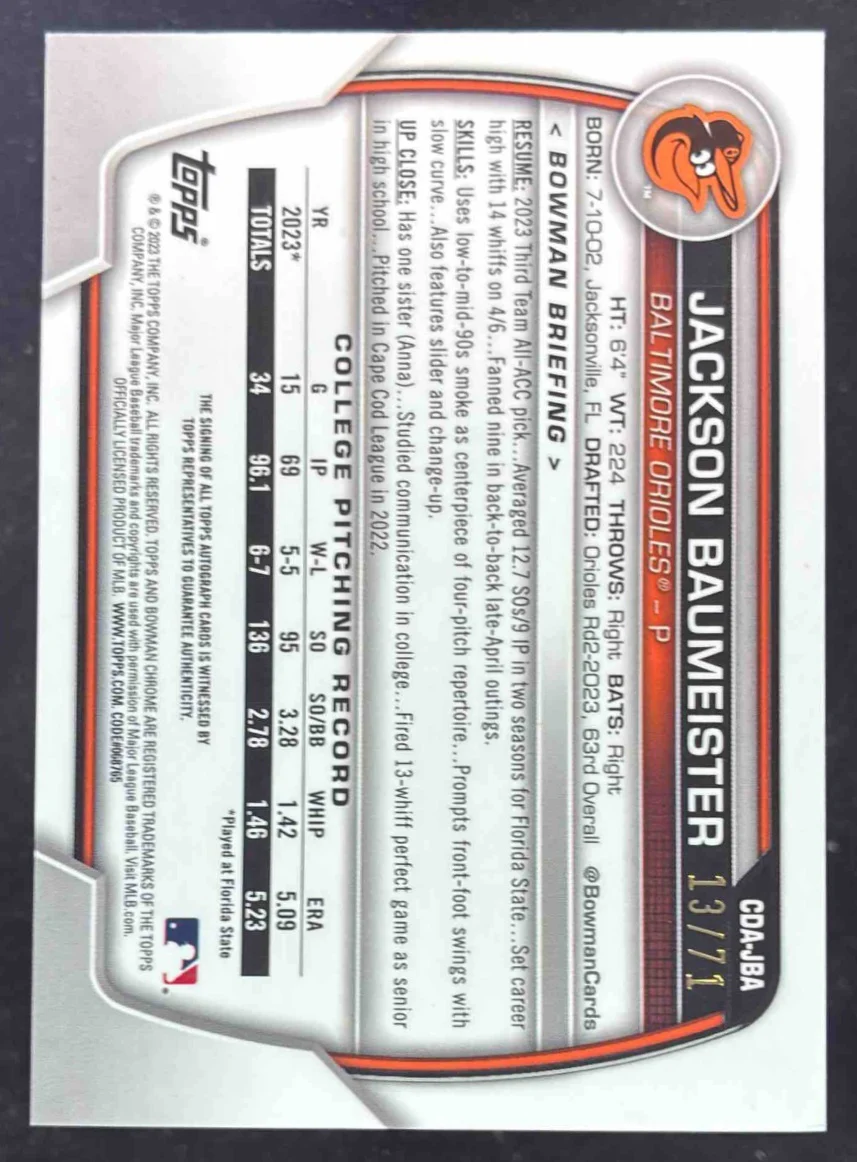 2023 Bowman Draft Chrome Sparkle Refractor #JBA Jackson Baumeister RC Auto /71 - Image 2
