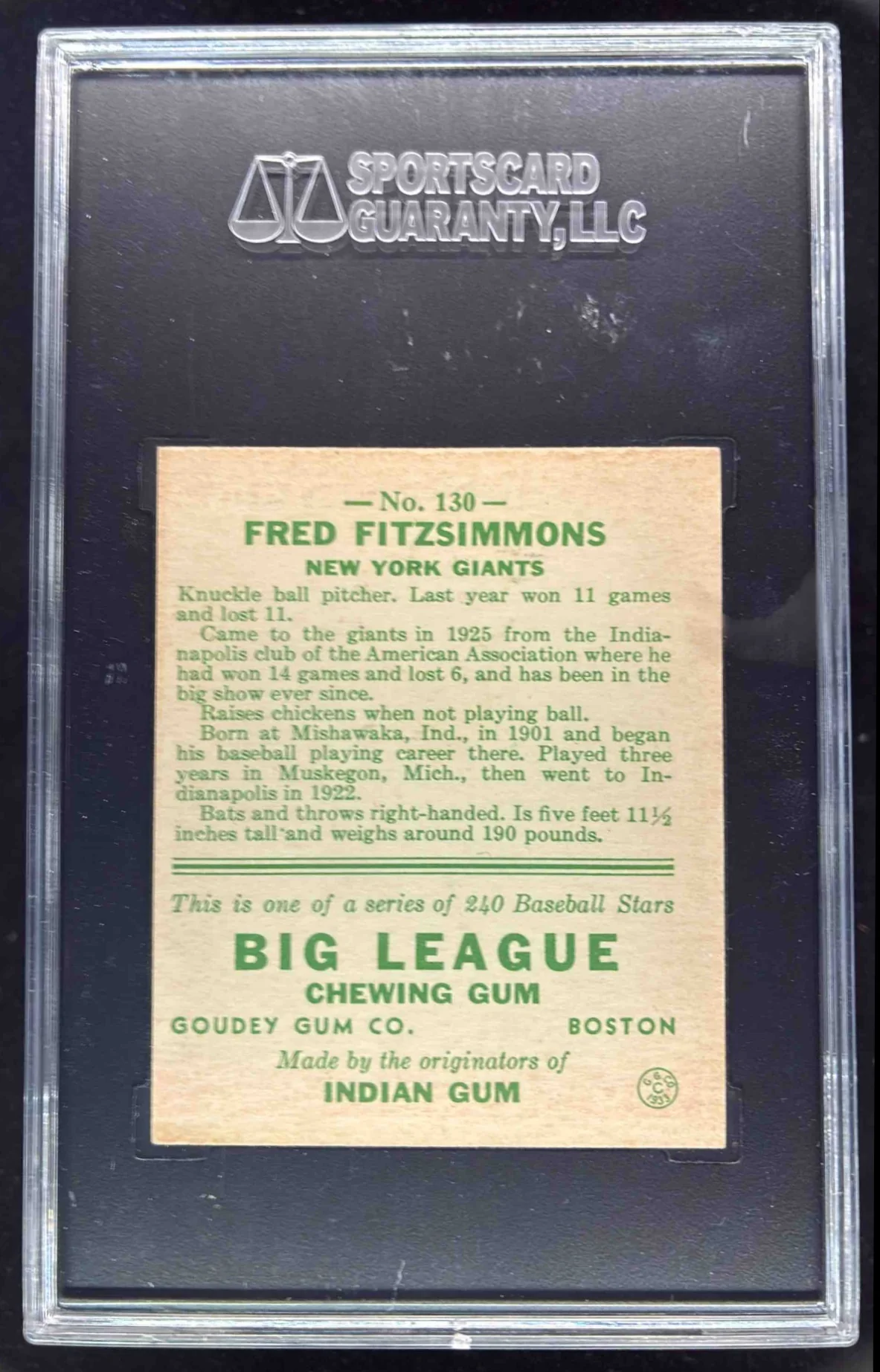 1933 Goudey #130 Fred Fitzsimmons SGC 5 - Image 2
