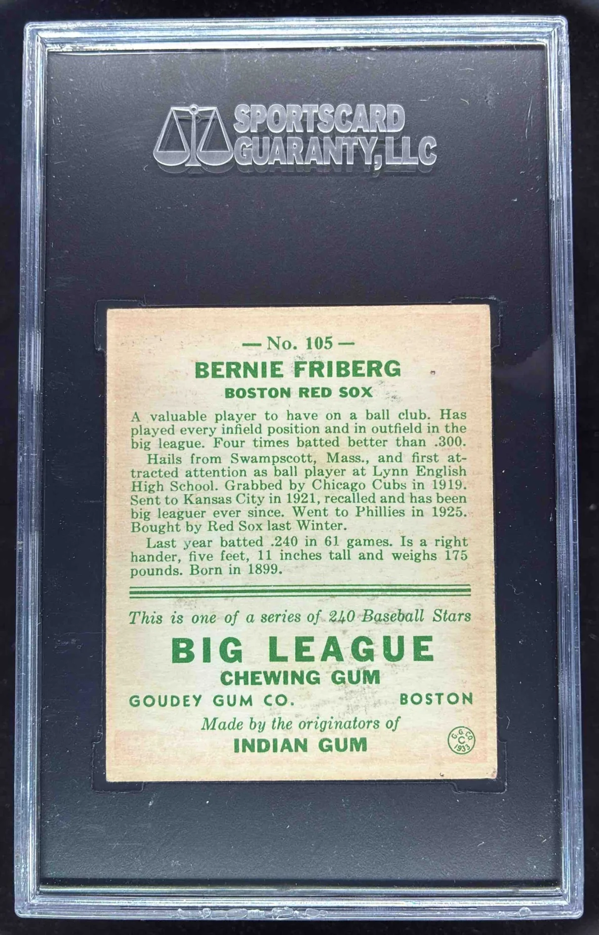 1933 Goudey #105 Bernie Friberg RC SGC 5 - Image 2
