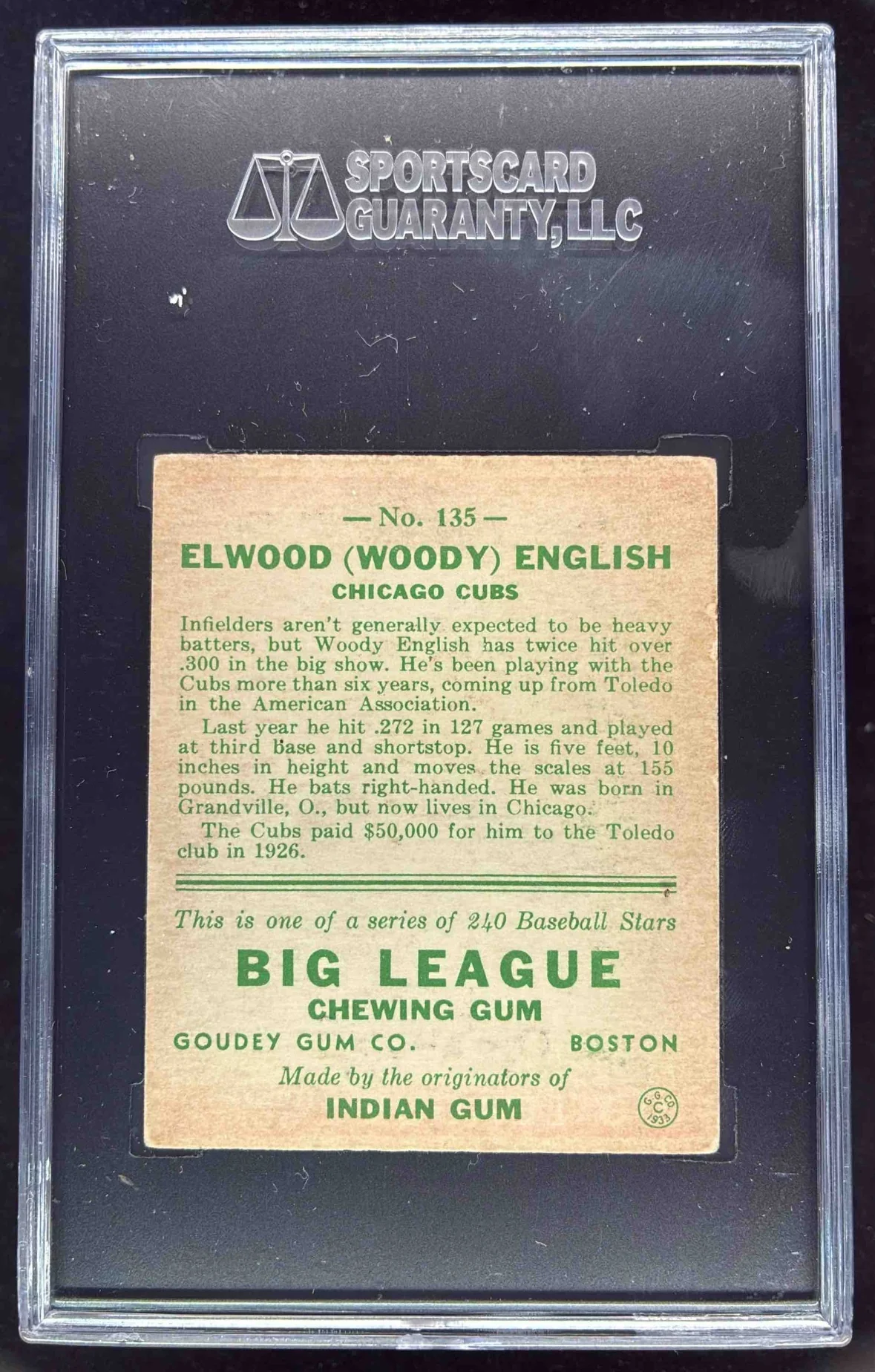 1933 Goudey #135 Woody English RC SGC 4 - Image 2