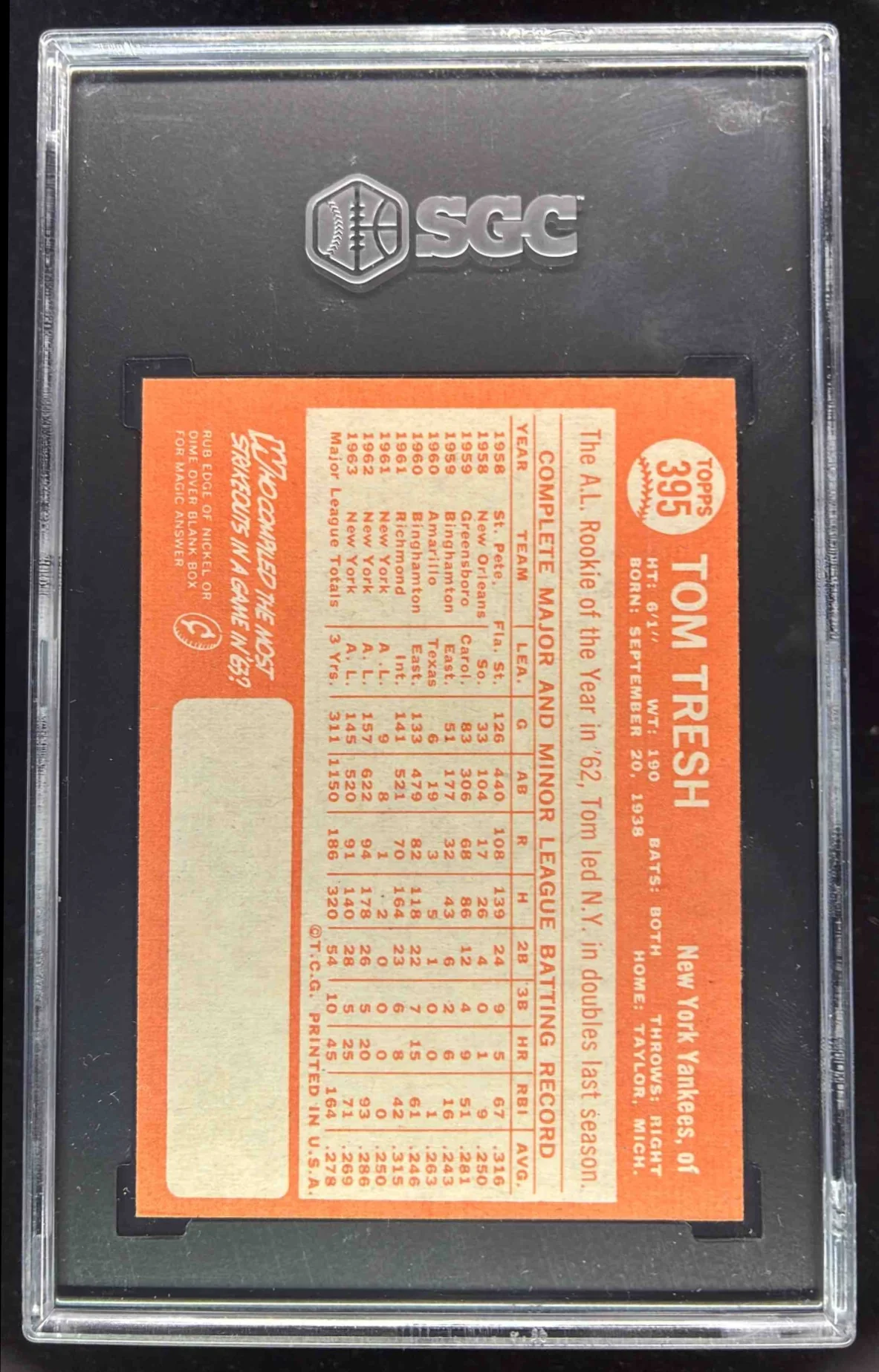 1964 Topps #395 Tom Tresh SGC 9 - Image 2