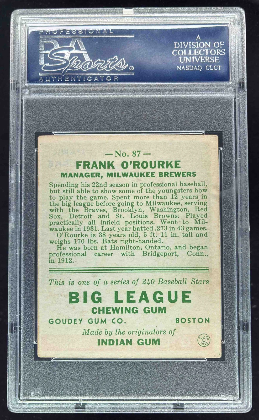 1933 Goudey R319 #87 Frank O'Rourke RC PSA 4.5 - Image 2