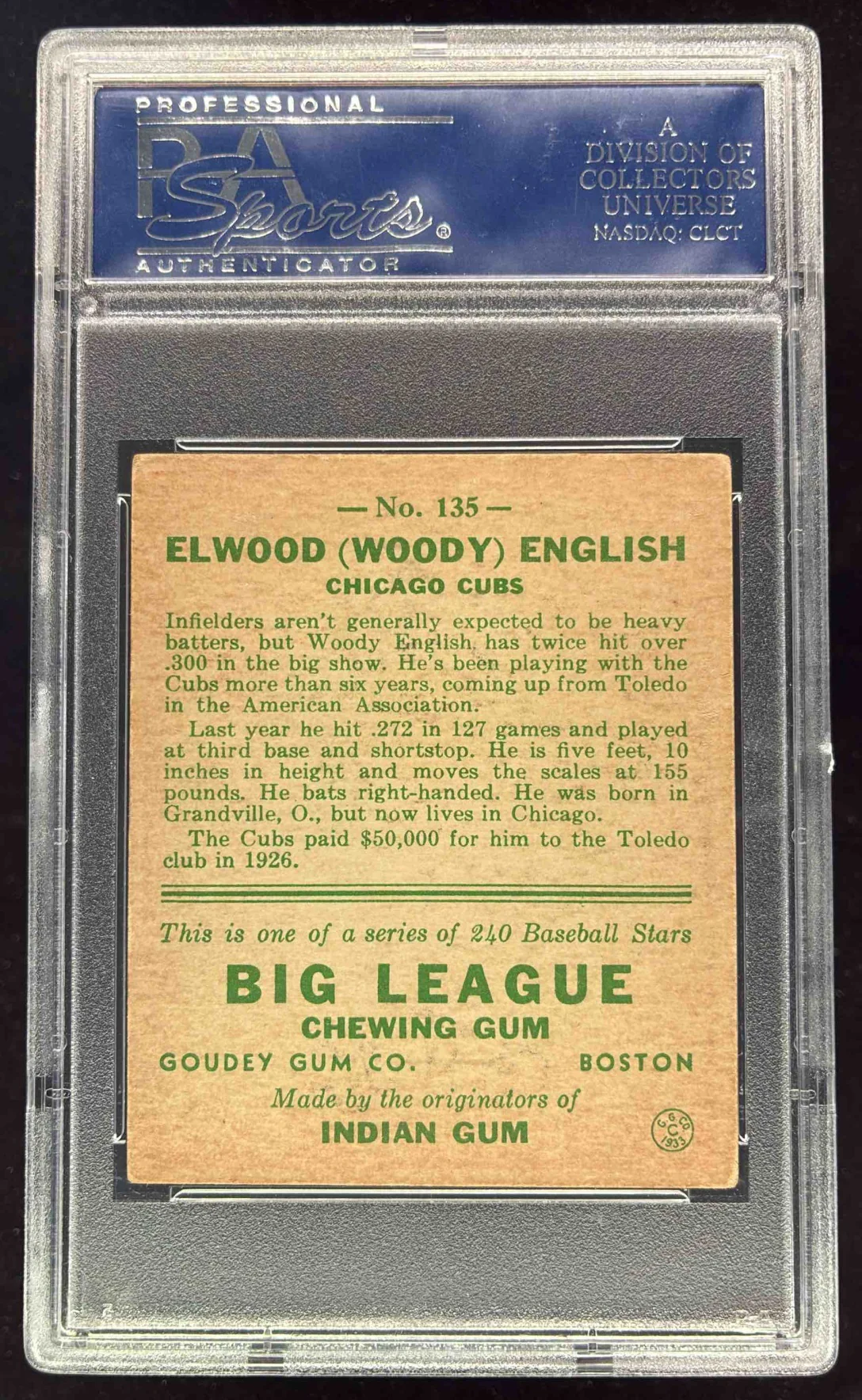 1933 Goudey #135 Woody English RC PSA 4 - Image 2