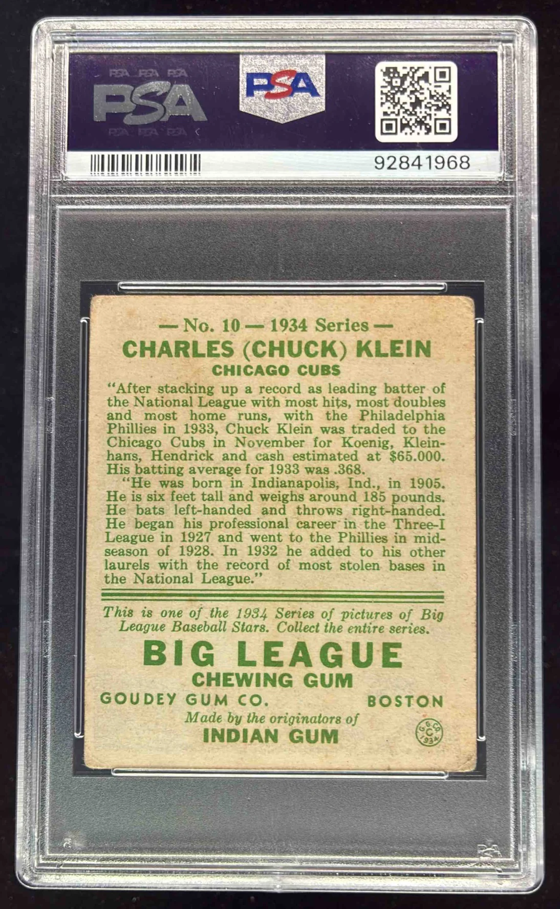 1934 Goudey #10 Chuck Klein PSA 2 - Image 2