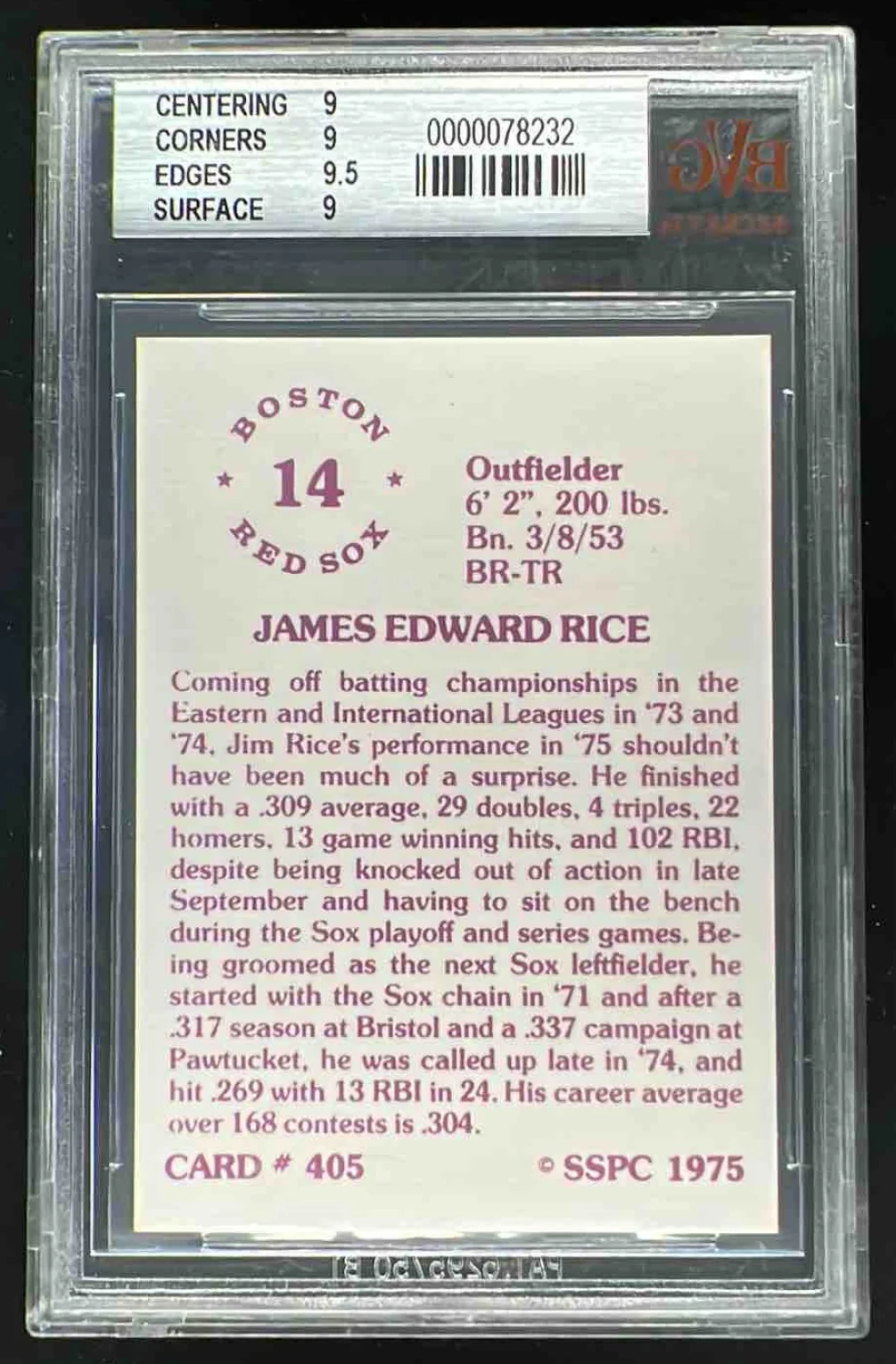 1976 SSPC #405 Jim Rice BGS 9 - Image 2