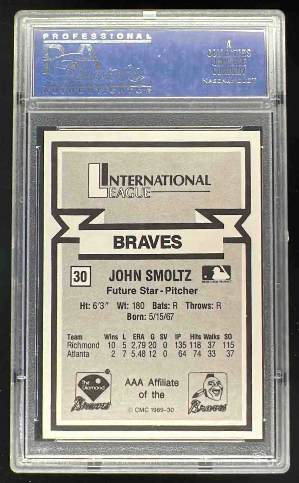 1988 CMC AAA All-Stars #30 John Smoltz Richard Braves PSA 9 - Image 2