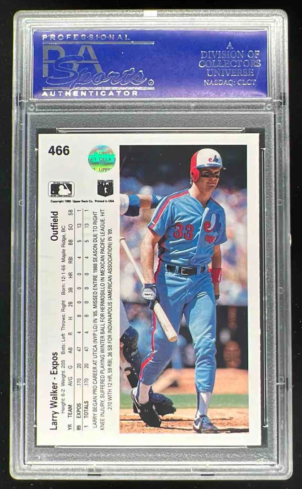 1990 Upper Deck #466 Larry Walker RC PSA 9 - Image 2
