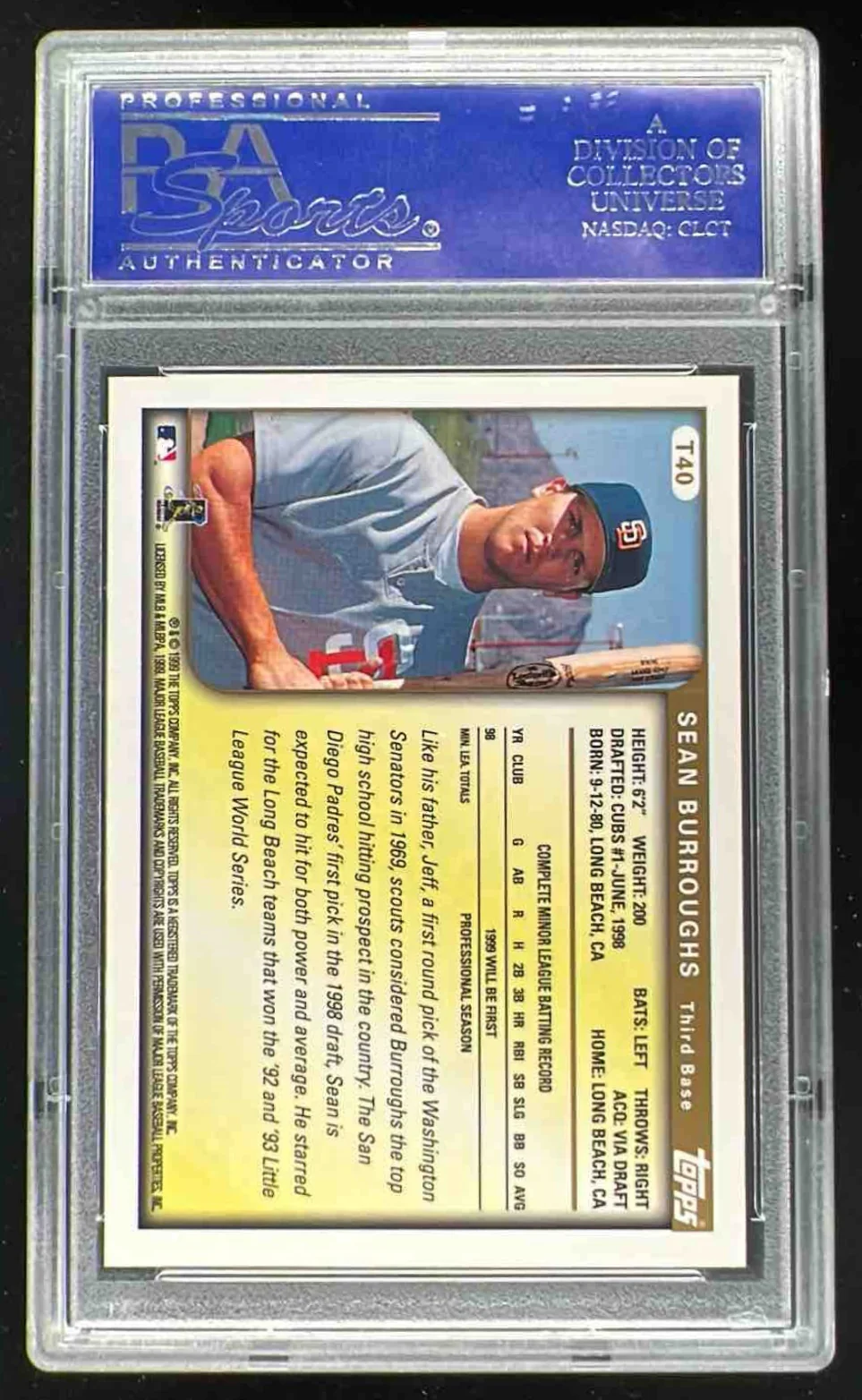 1999 Topps Traded and Rookies #T40 Sean Burroughs RC PSA 10 - Image 2