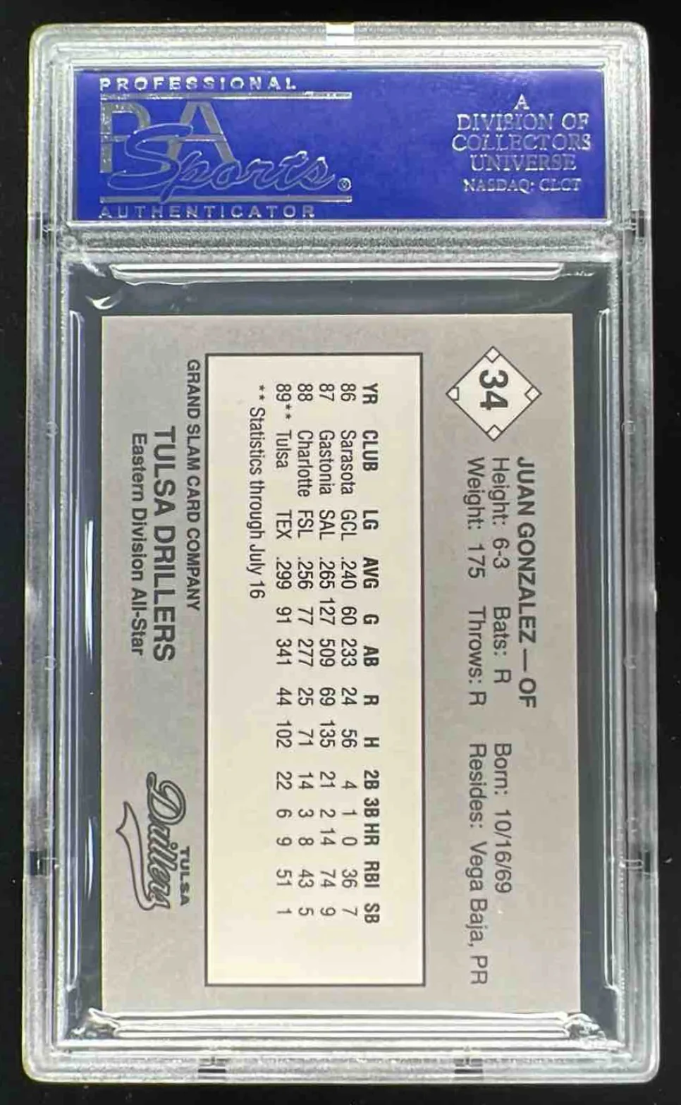 1989 Grand Slam Texas League All Stars #34 Juan Gonzalez PSA 9 - Image 2