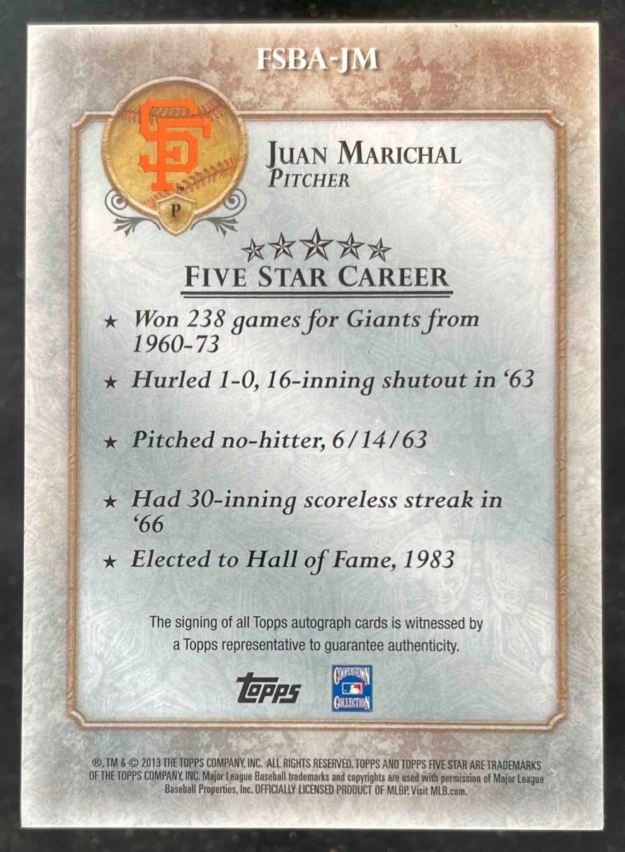 2013 Topps Five Star Autographs Five Star #FSBA-JM Juan Marichal Auto 1/1 - Image 2