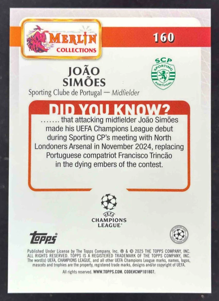 2024-25 Topps Merlin Chrome Orange Atomic Refractor #160 Joao Simoes /25 - Image 2