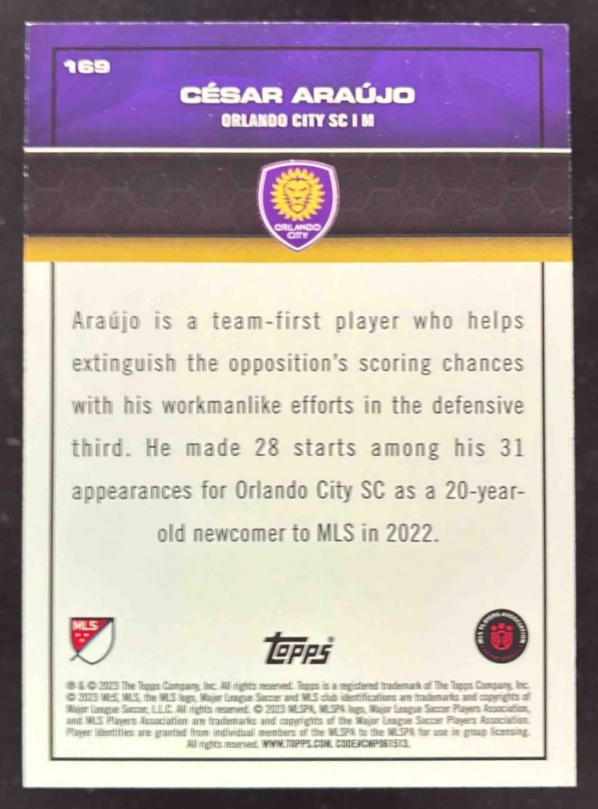 2023 Topps MLS Icy Black Foil #169 Cesar Araujo RC /10 - Image 2