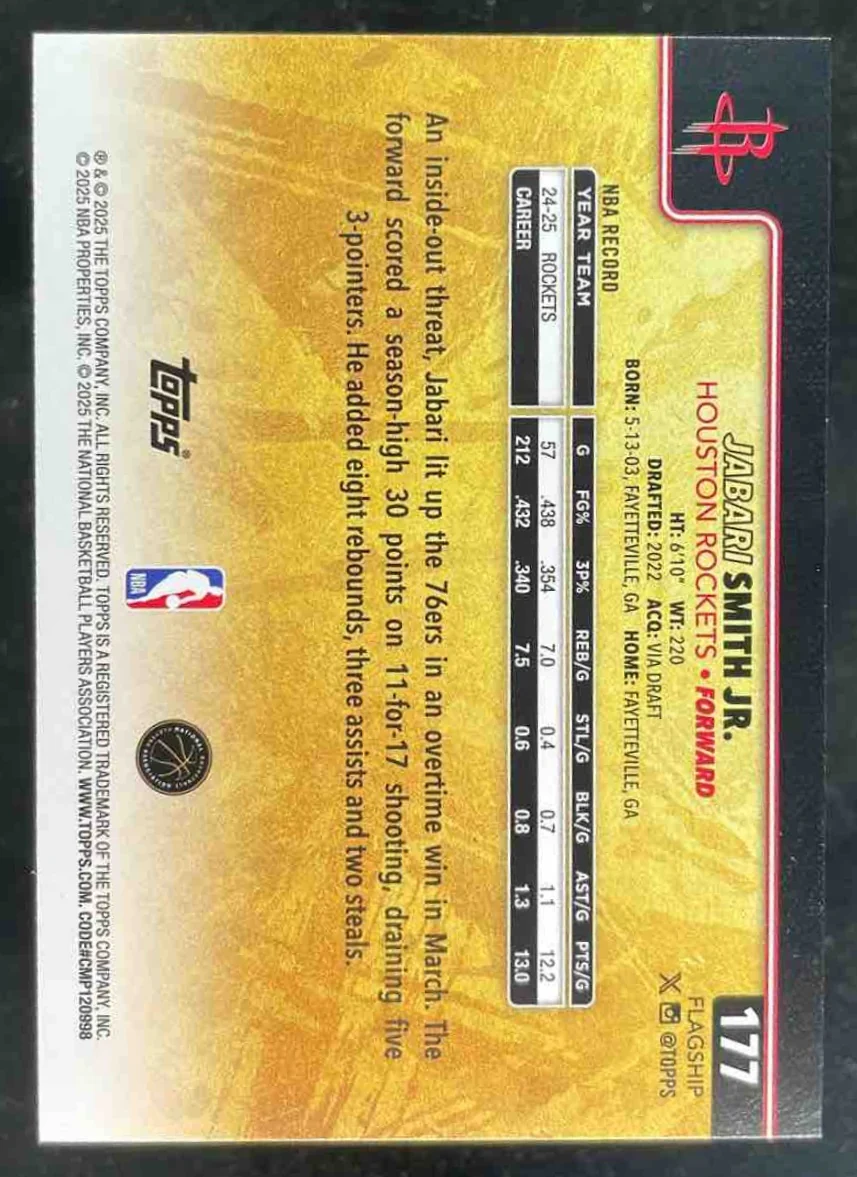 2025-26 Topps Golden Mirror Image Variation SSP #177 Jabari Smith Jr. - Image 2