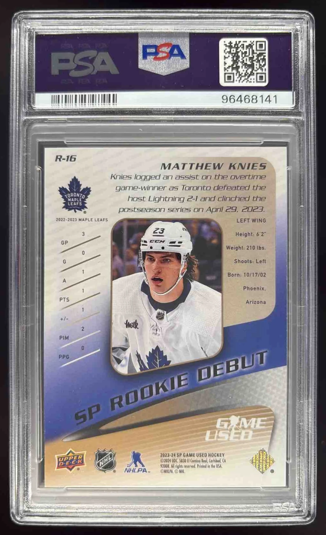 2023 SP Game Used Retro Rookie Debut Gold #R-16 Matthew Knies RC /25 PSA 9 - Image 2