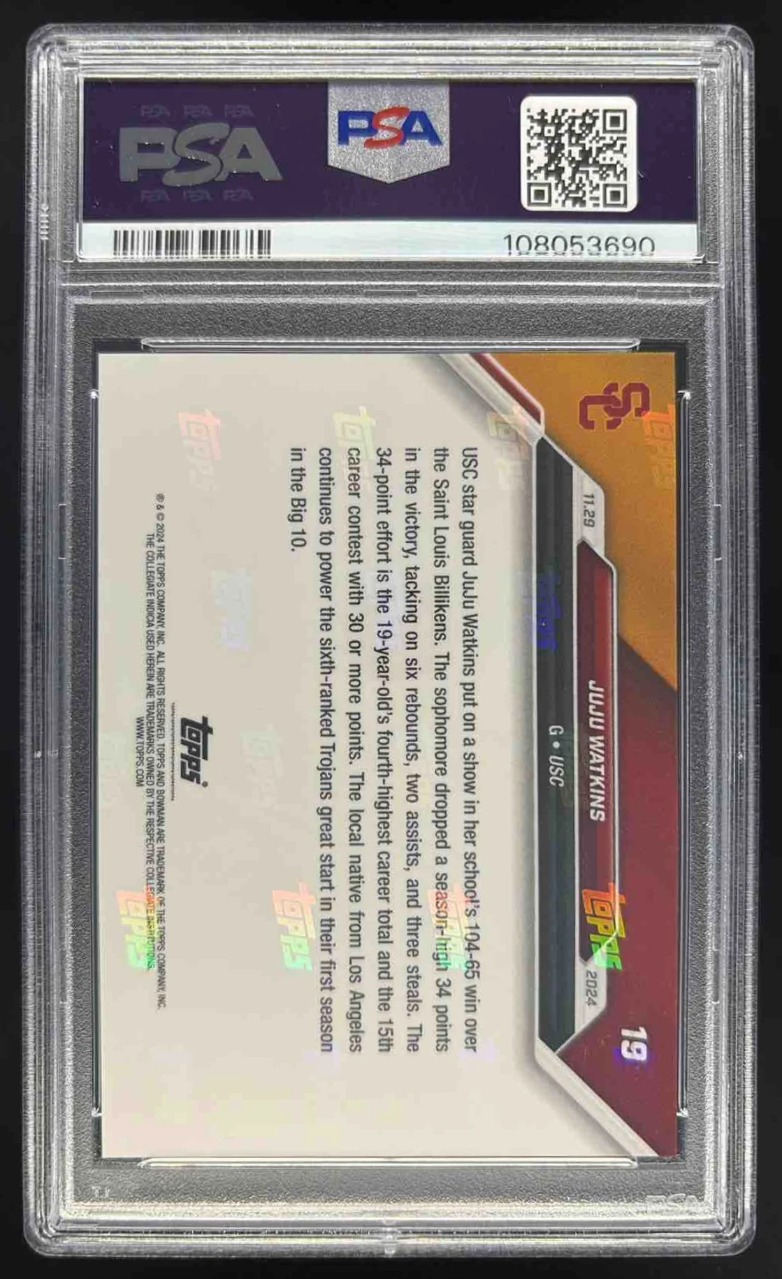 2024-25 Bowman University Now #19 JuJu Watkins PSA 10 - Image 2