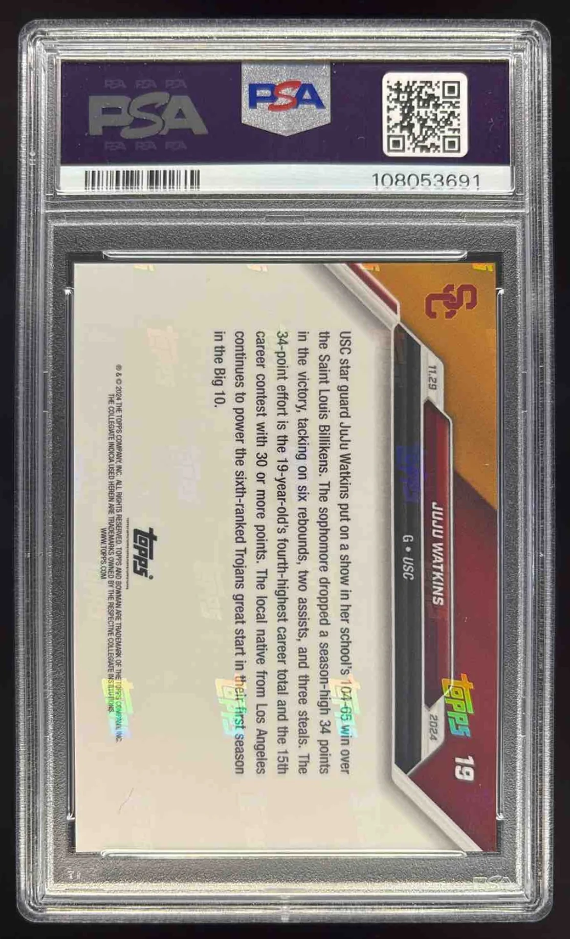2024-25 Bowman University Now #19 JuJu Watkins PSA 10 - Image 2