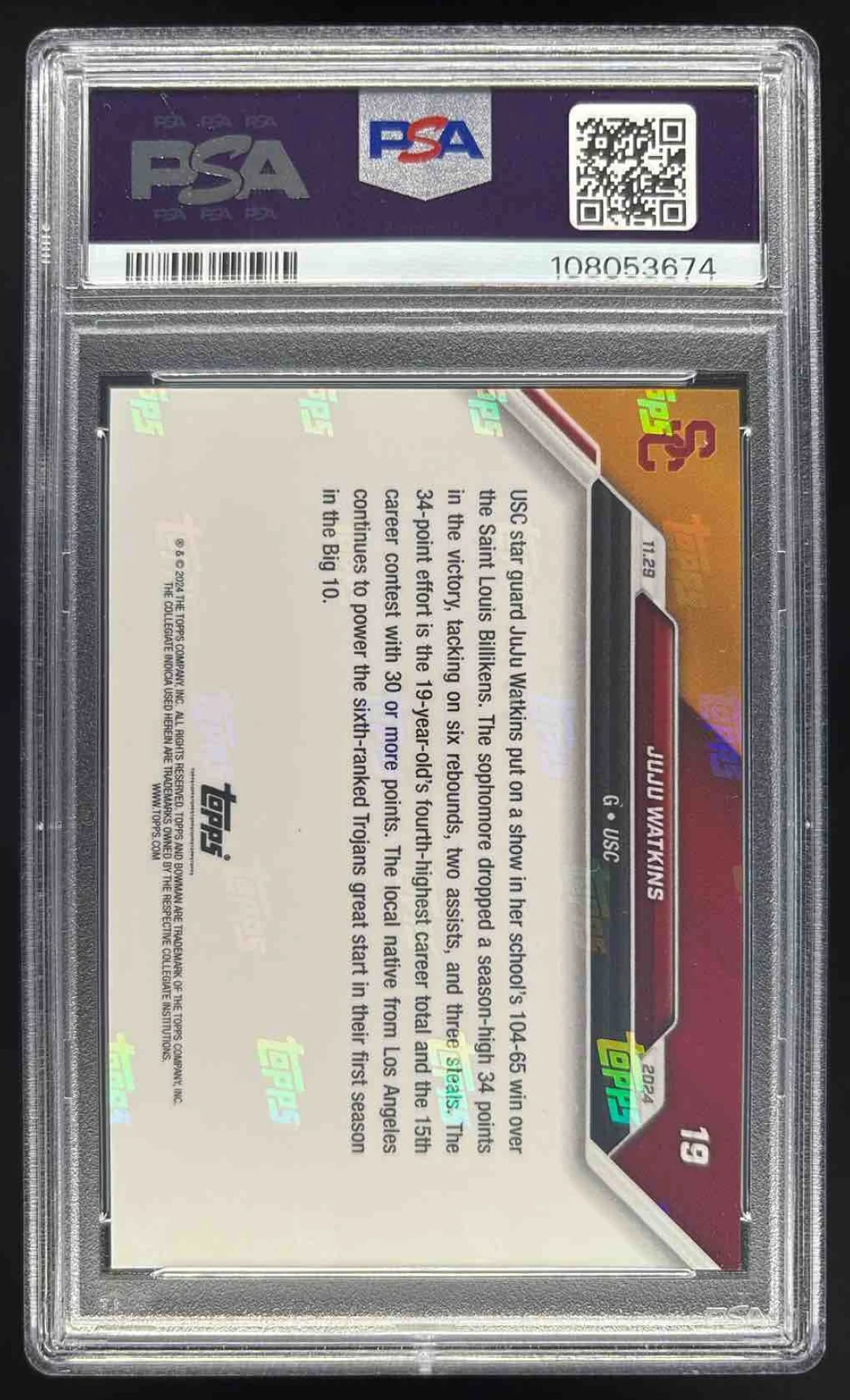 2024-25 Bowman University Now #19 JuJu Watkins PSA 10 - Image 2