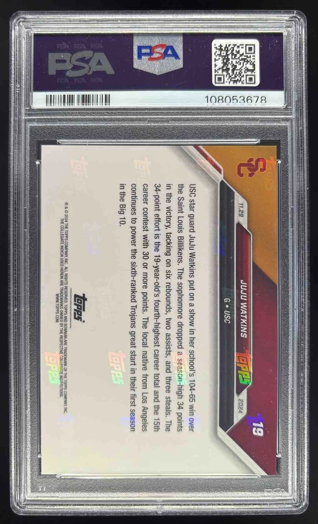 2024-25 Bowman University Now #19 JuJu Watkins PSA 10 - Image 2