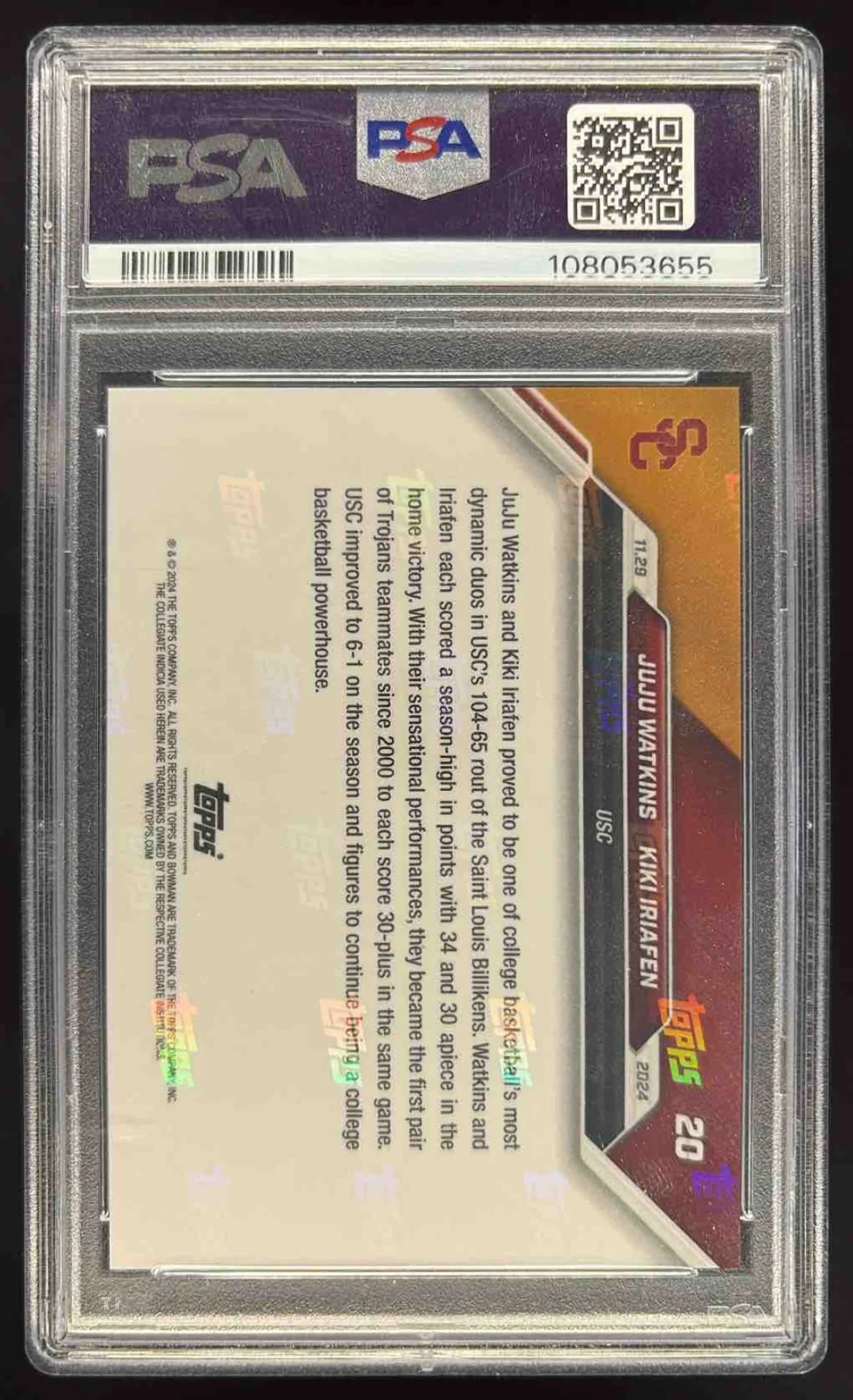 2024 Bowman University Now #20 JuJu Watkins Kiki Iriafen PSA 10 - Image 2