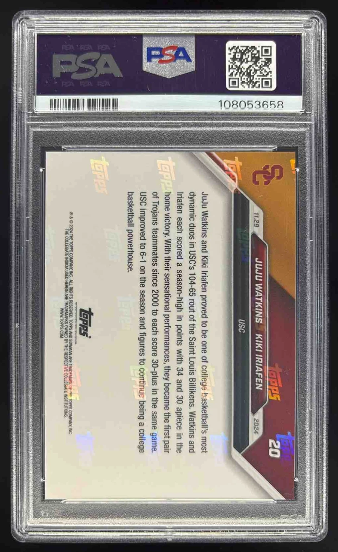 2024 Bowman University Now #20 JuJu Watkins Kiki Iriafen PSA 10 - Image 2