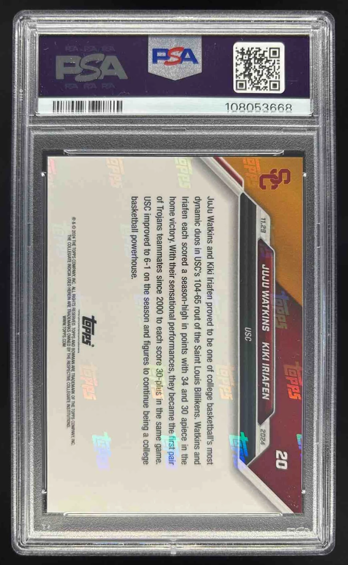 2024 Bowman University Now #20 JuJu Watkins Kiki Iriafen PSA 10 - Image 2