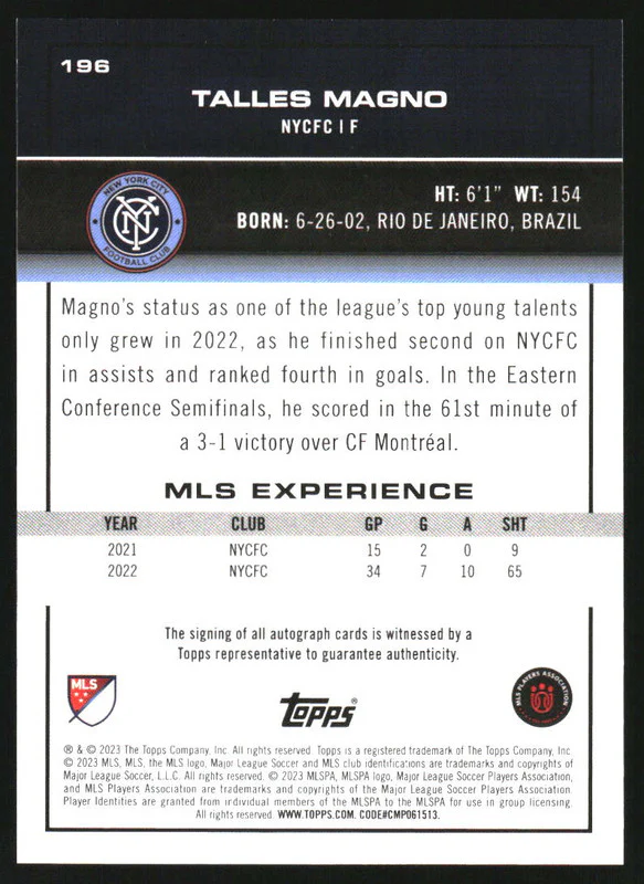 2023 Topps MLS Autographs Orange Foil #196 Talles Magno Auto /25 - Image 2