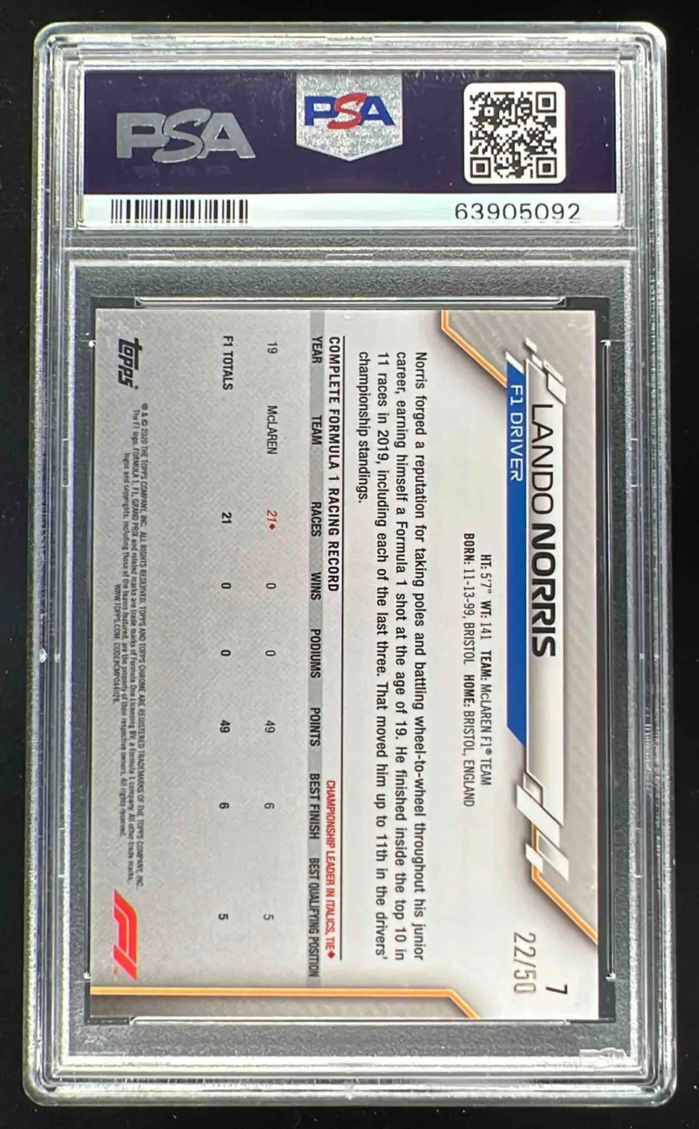 2020 Topps Chrome Formula 1 Gold Refractor #7 Lando Norris RC /50 PSA 9 - Image 2