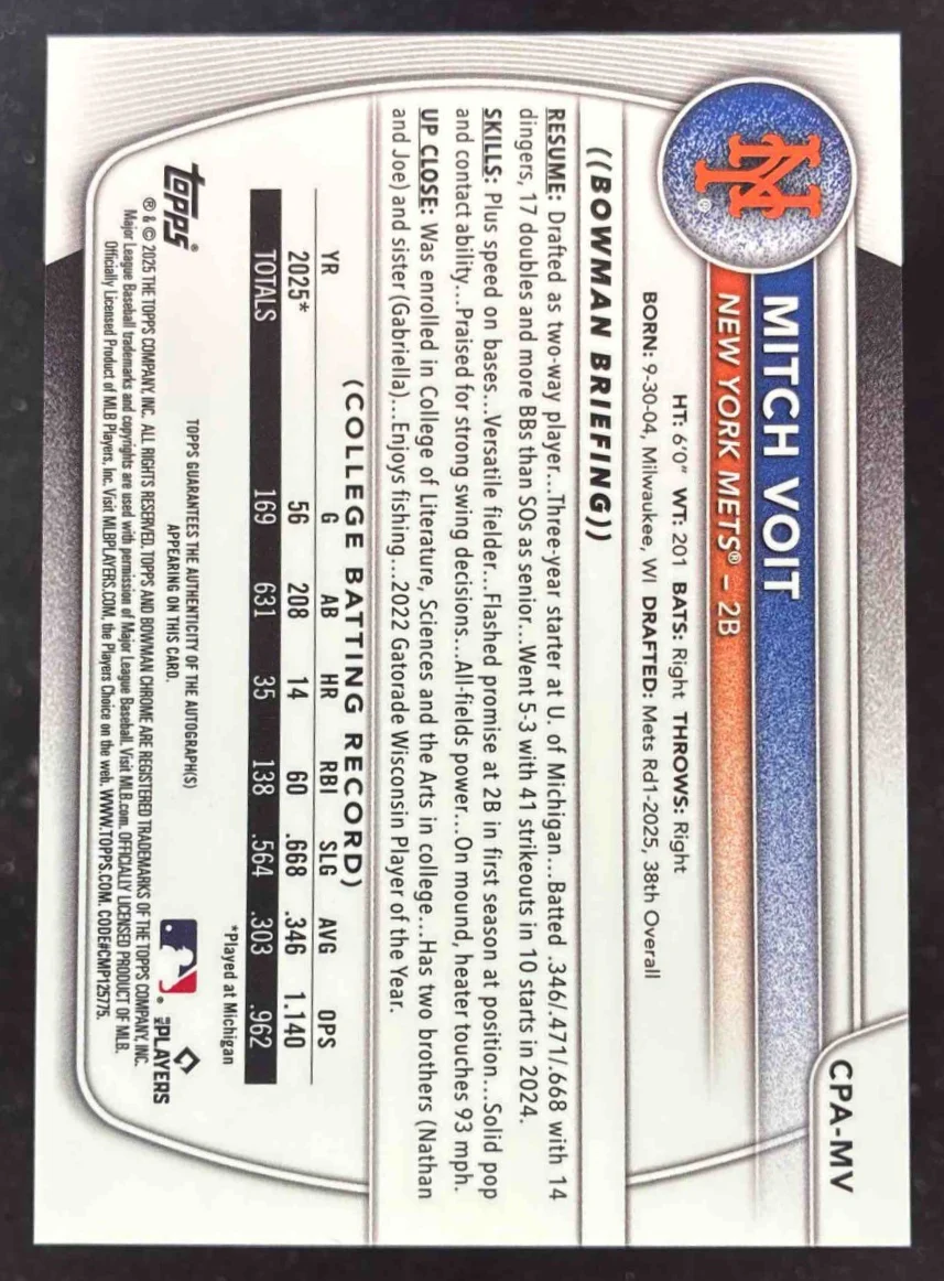 2025 Bowman Draft Chrome Green Refractor #CPA-MV Mitch Voit RC Auto /99 - Image 2