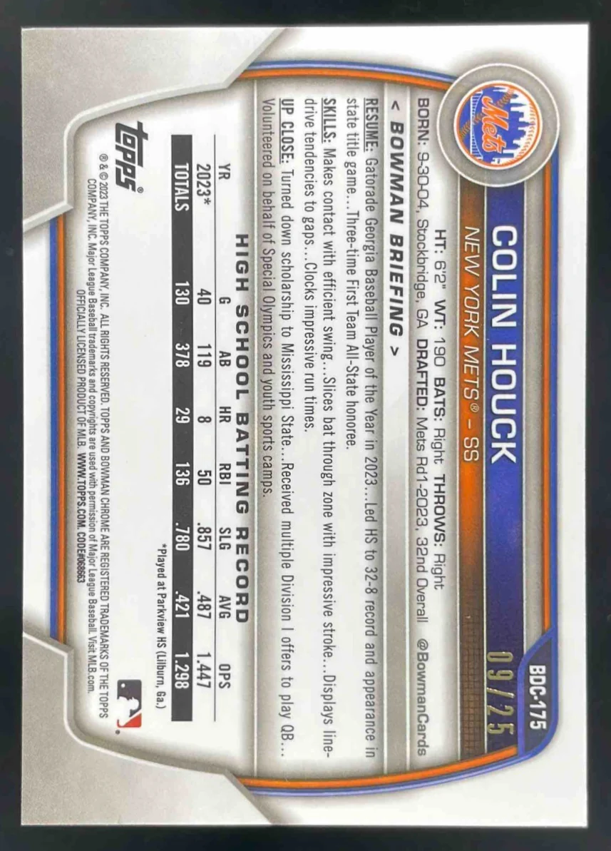 2023 Bowman Draft Sapphire Chrome Orange Refractor #BDC-175 Colin Houck RC /25 - Image 2