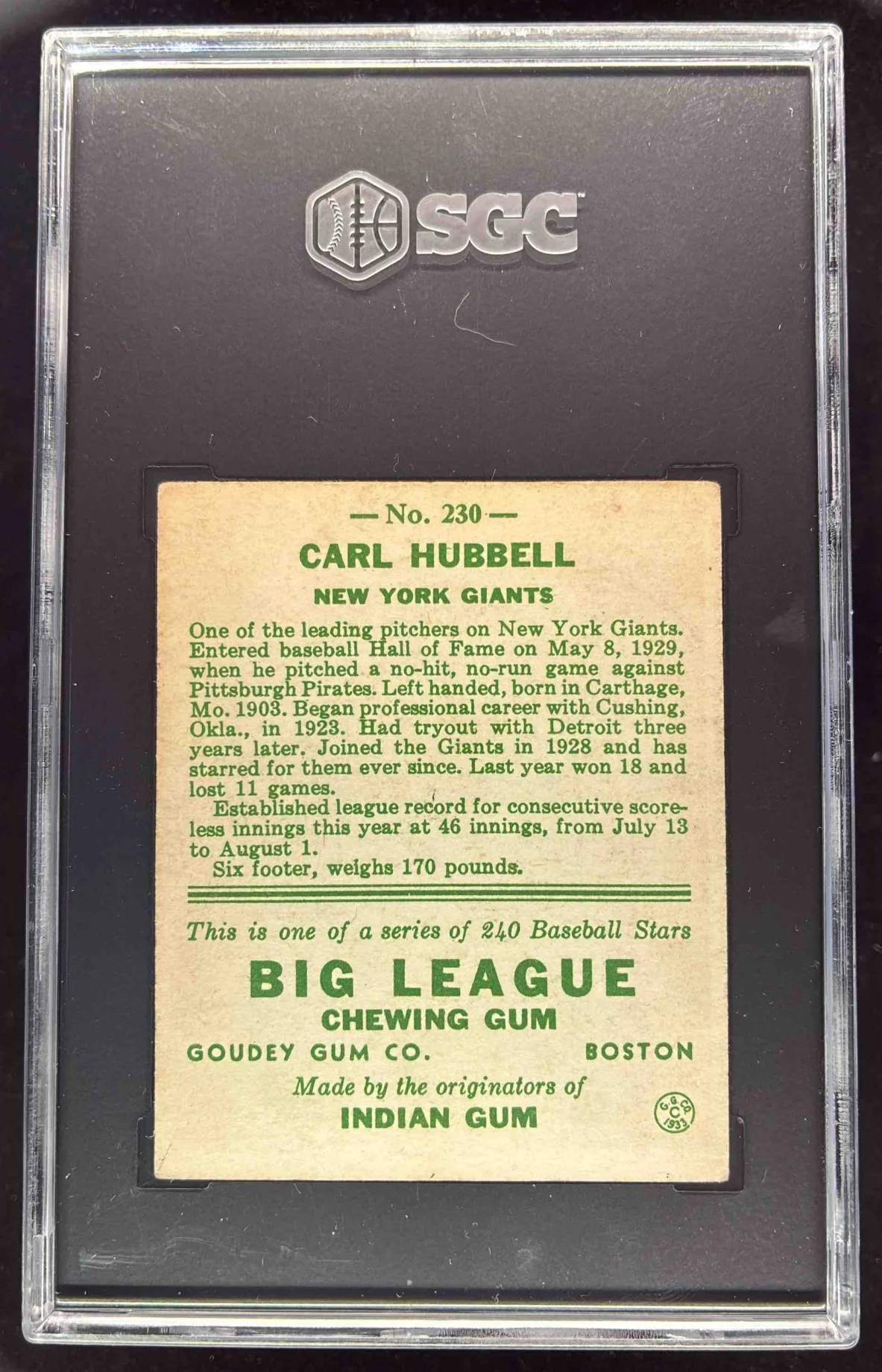 1933 Goudey #230 Carl Hubbell RC SGC 3 - Image 2