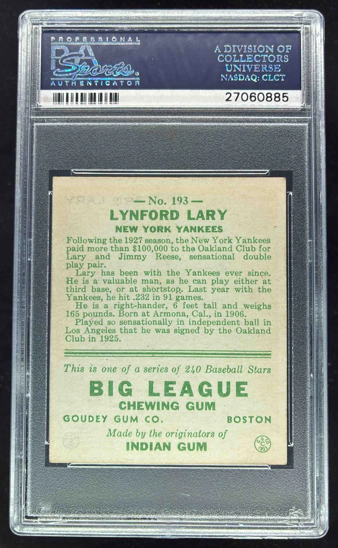 1933 Goudey #193 Lynford Lary PSA 6 - Image 2