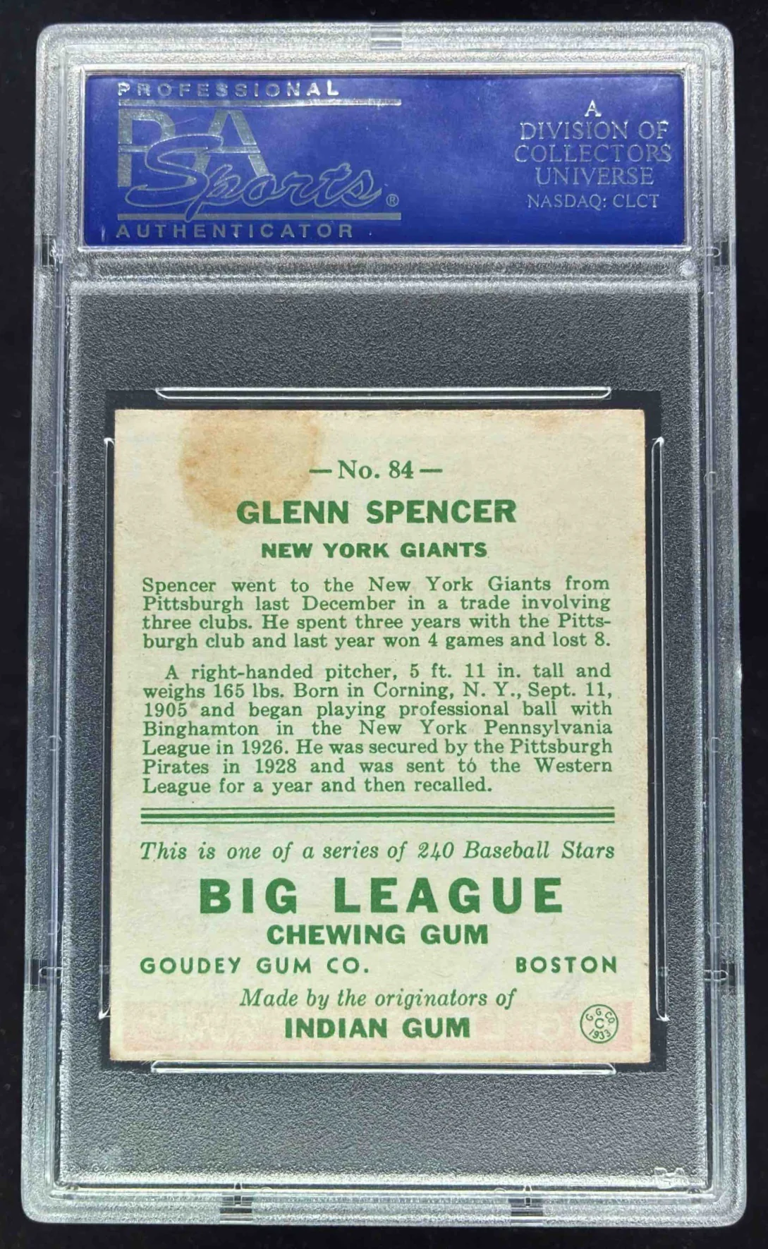1933 Goudey #84 Glenn Spencer RC PSA 6 - Image 2