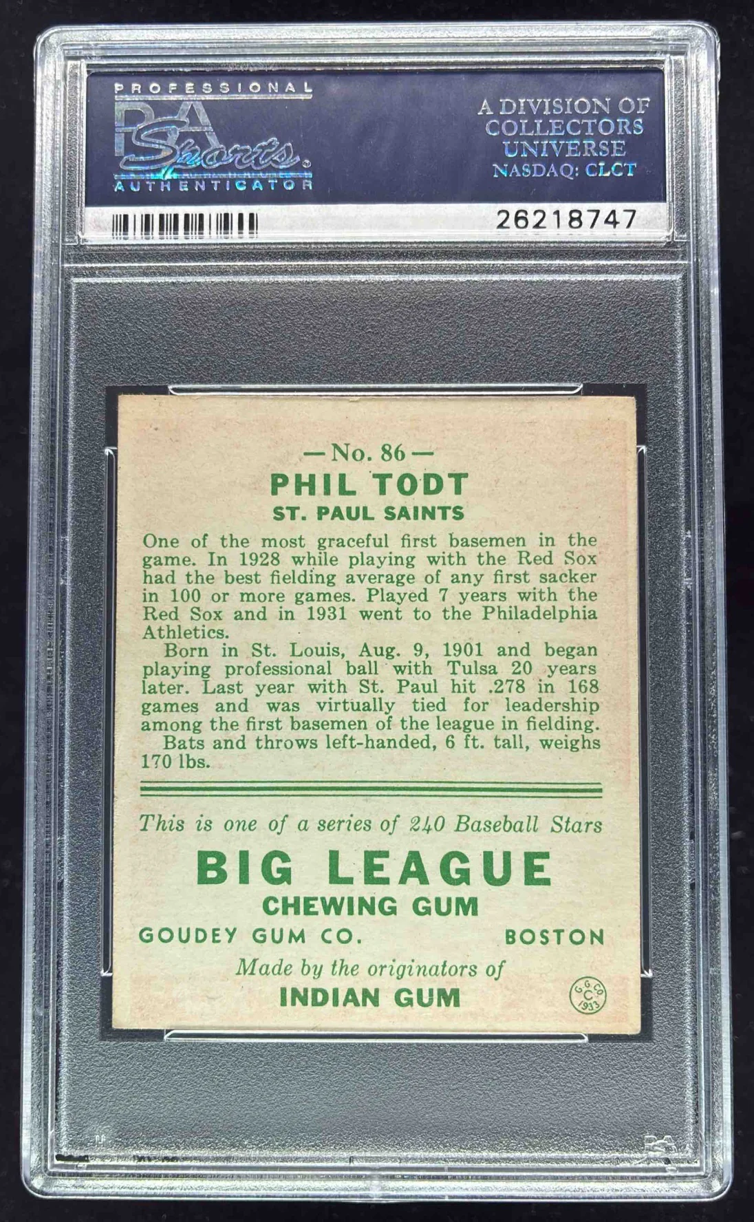 1933 Goudey #86 Phil Todt RC PSA 5.5 - Image 2