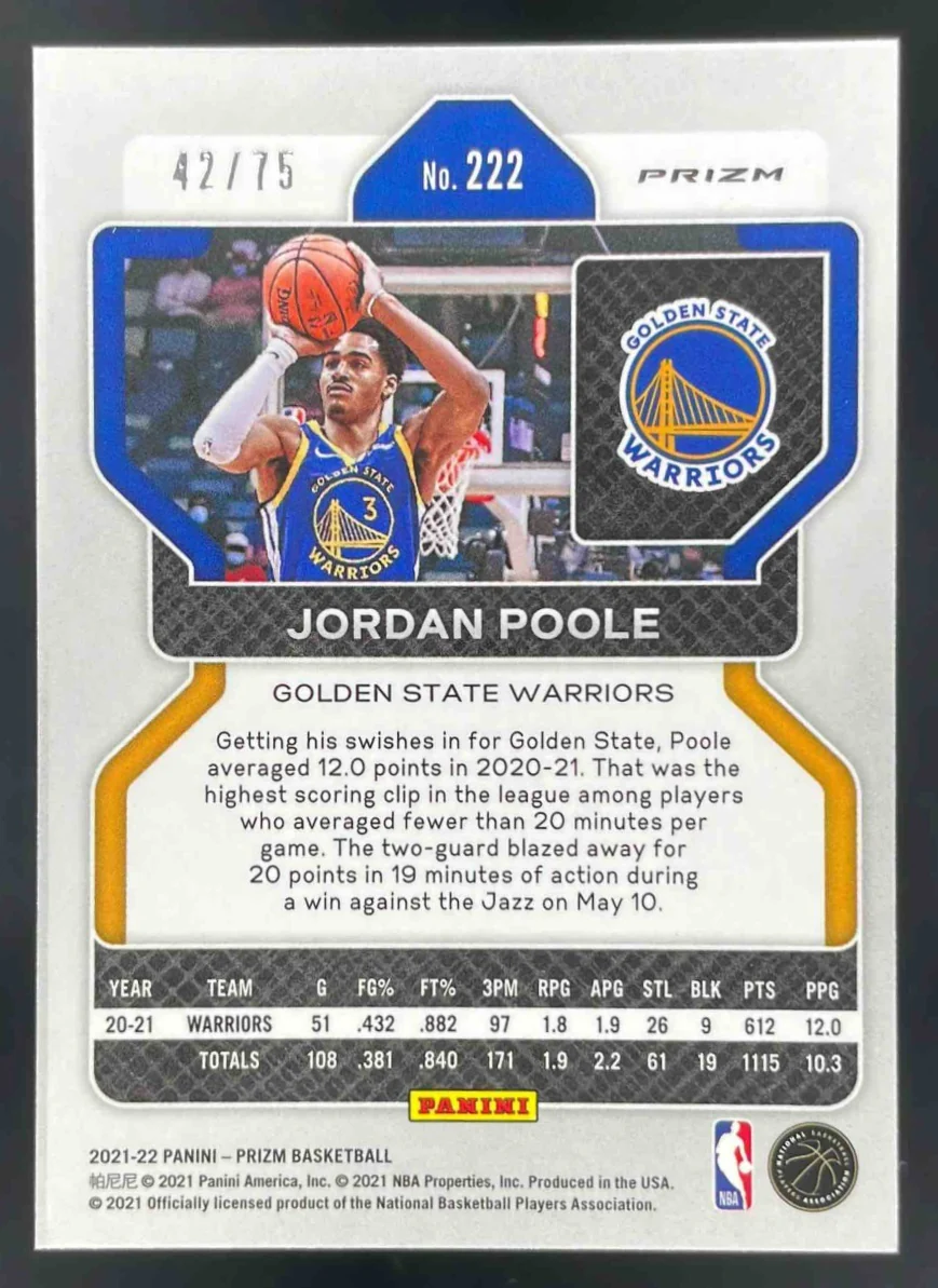 2021-22 Panini Prizm NBA 75th Anniversary Diamond #222 Jordan Poole /75 - Image 2