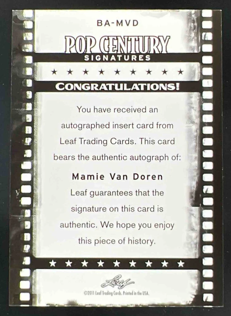2011 Leaf Pop Century Silver #BA-MVD Mamie Van Doren Auto - Image 2