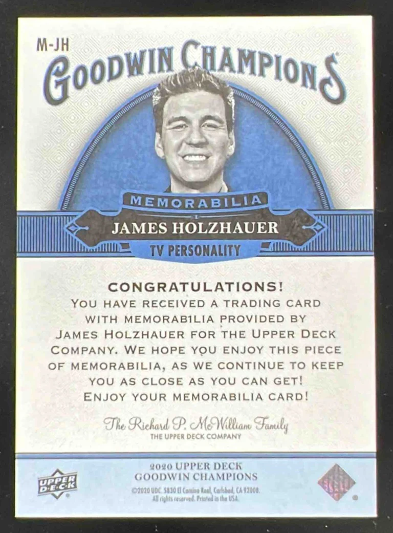 2020 Upper Deck Goodwin Champions Memorabilia #M-JH James Holzhauer MEM - Image 2