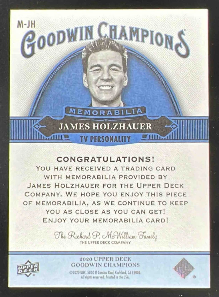 2020 Upper Deck Goodwin Champions Memorabilia #M-JH James Holzhauer MEM - Image 2