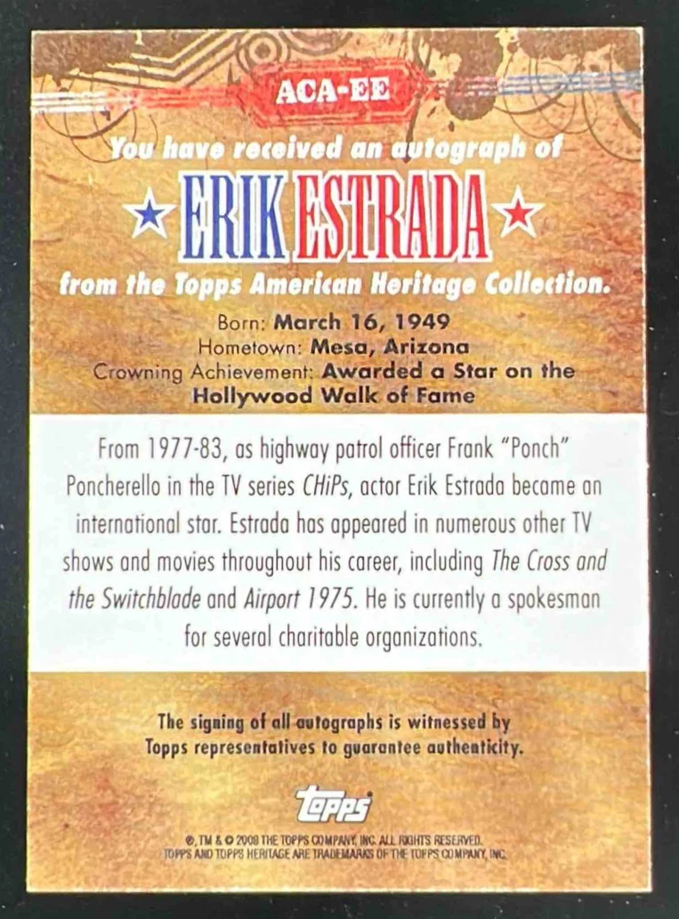 2009 Topps American Heritage American Celebrity #ACA-EE Erik Estrada Auto /150 - Image 2