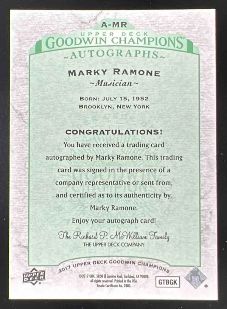 2017 Upper Deck Goodwin Champions #A-MR Marky Ramone Auto /320 - Image 2