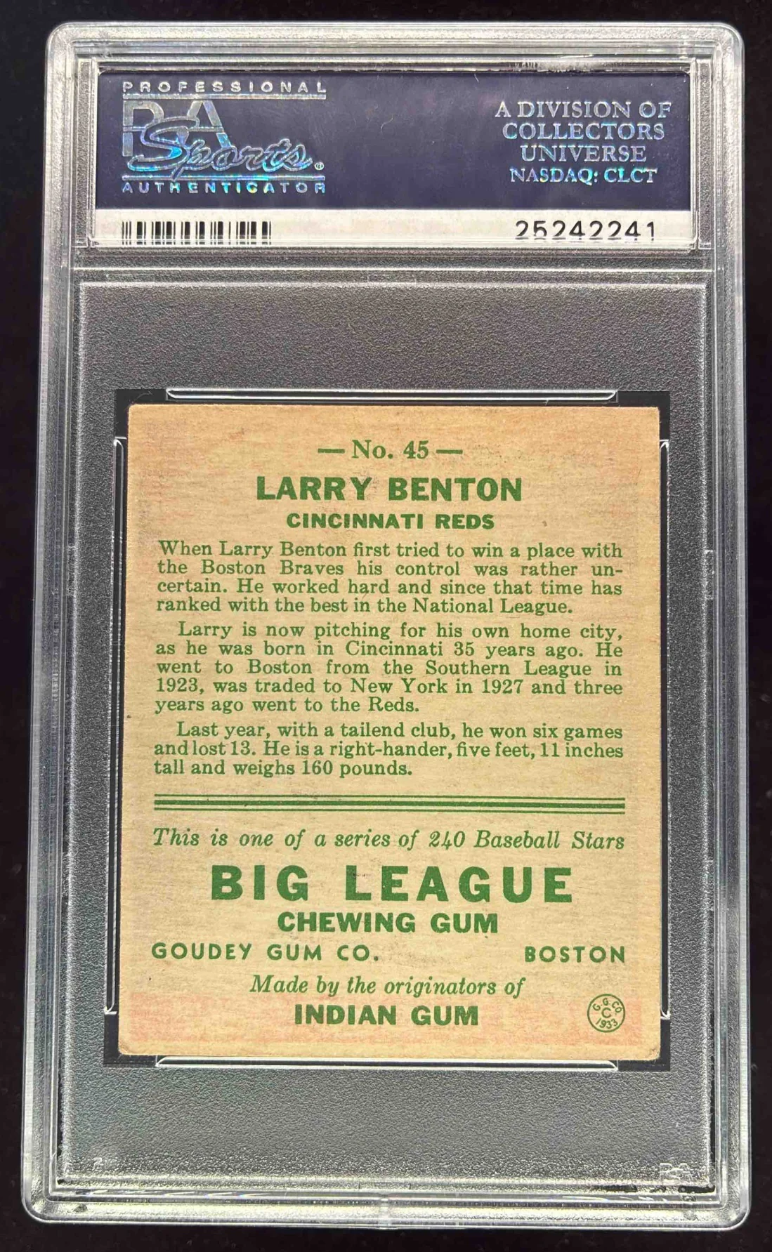 1933 Goudey #45 Larry Benton PSA 4.5 - Image 2