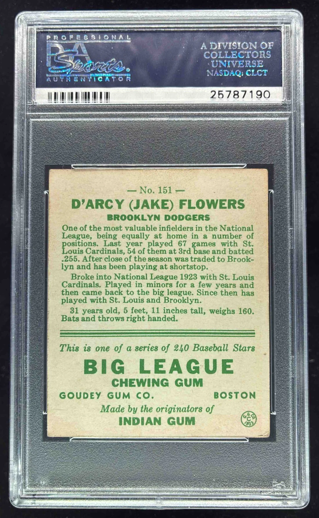1933 Goudey #151 Jake Flowers PSA 5 - Image 2