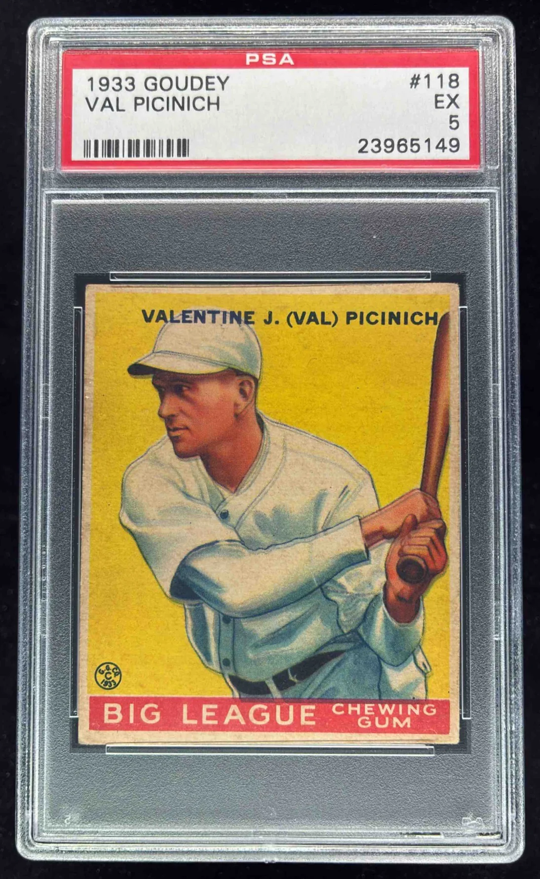1933 Goudey #118 Val Picinich RC PSA 5