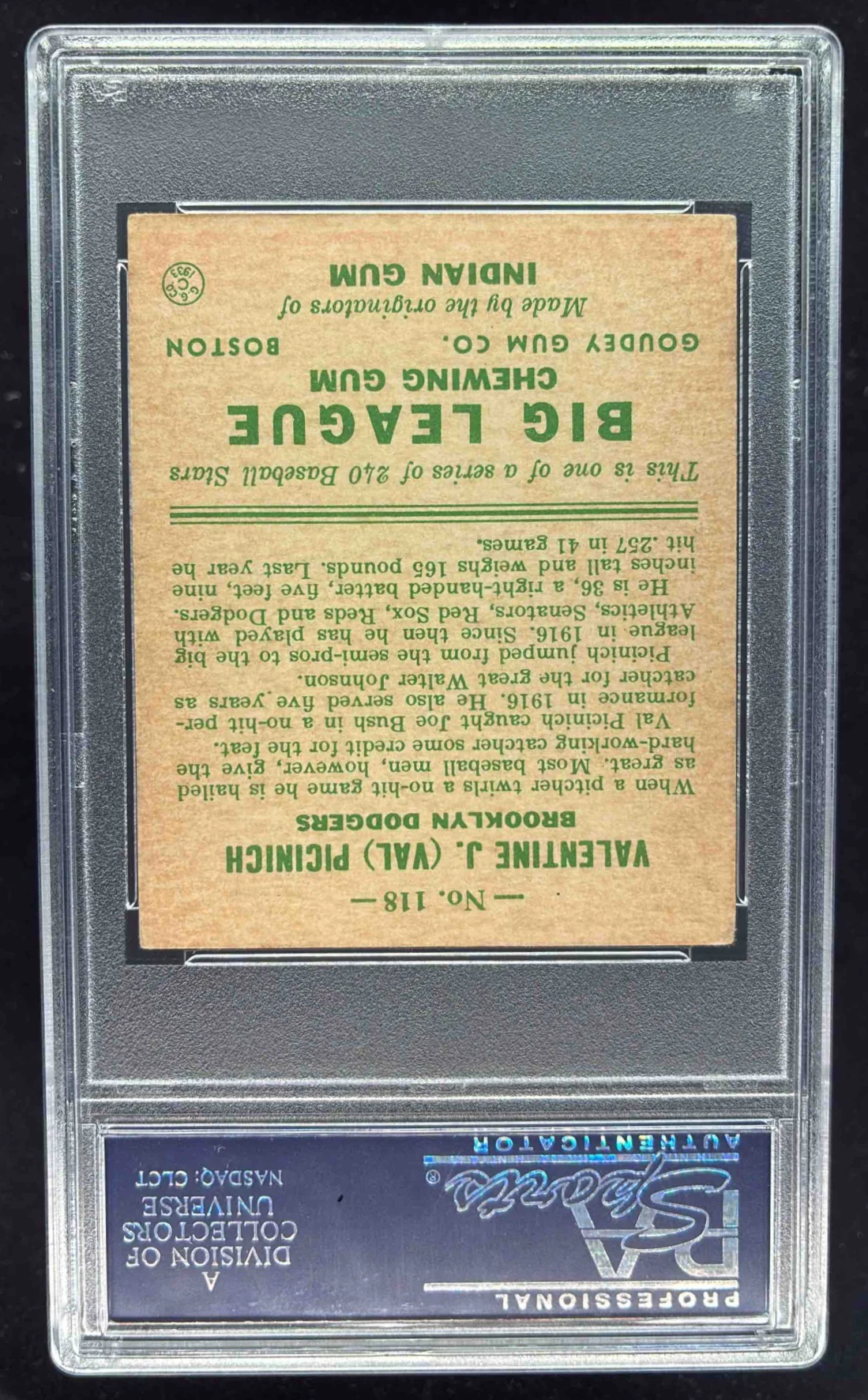 1933 Goudey #118 Val Picinich RC PSA 5 - Image 2