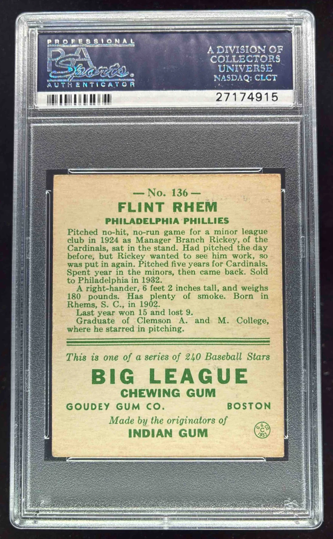 1933 Goudey R319 #136 Flint Rhem RC PSA 5 - Image 2