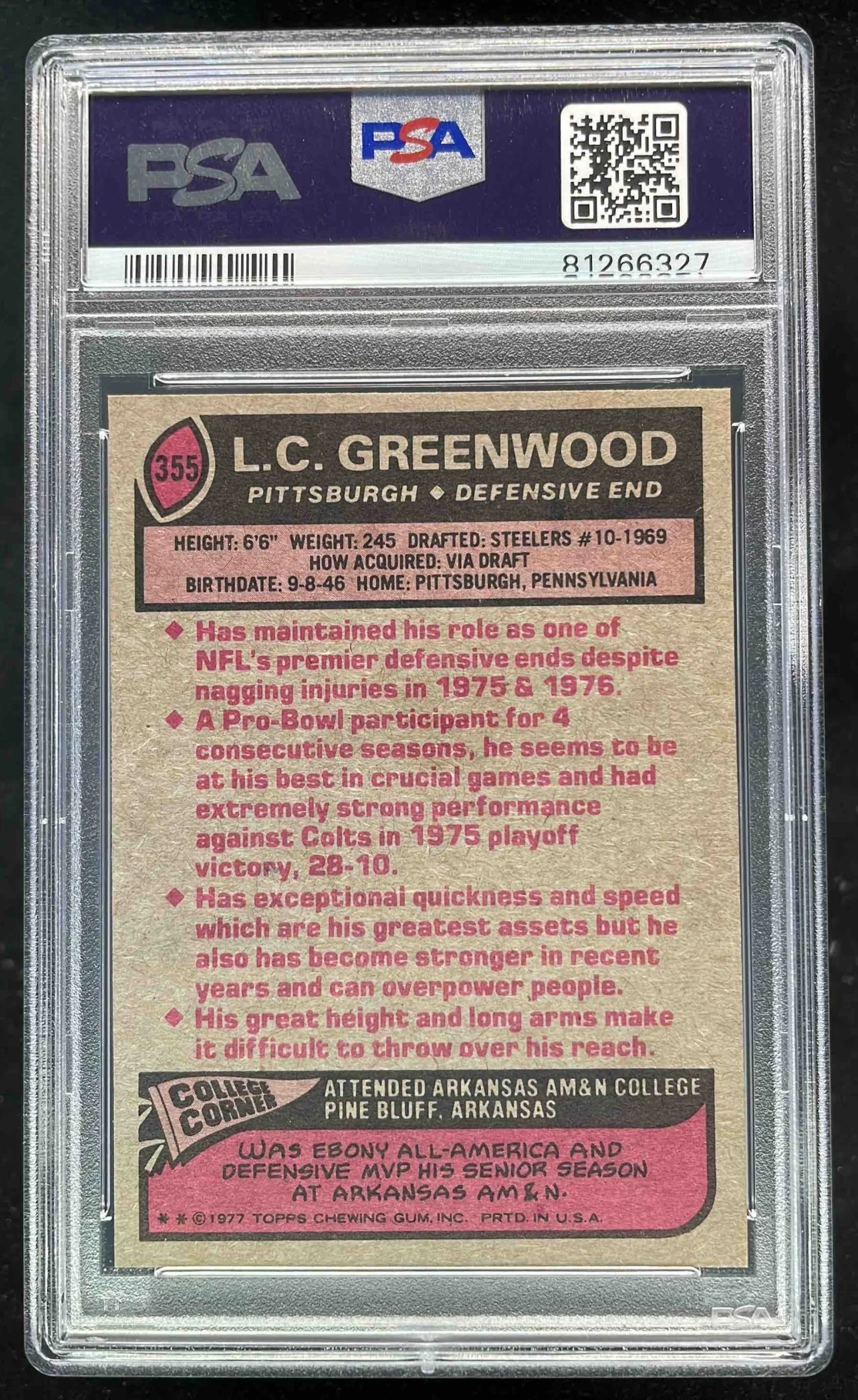 1977 Topps #355 L.C. Greenwood PSA 9 - Image 2