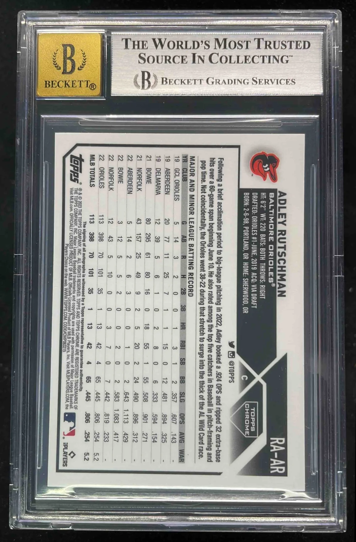 2023 Topps Chrome Rookie Black White Mini Diamond Adley Rutschman RC Auto BGS 8 - Image 2