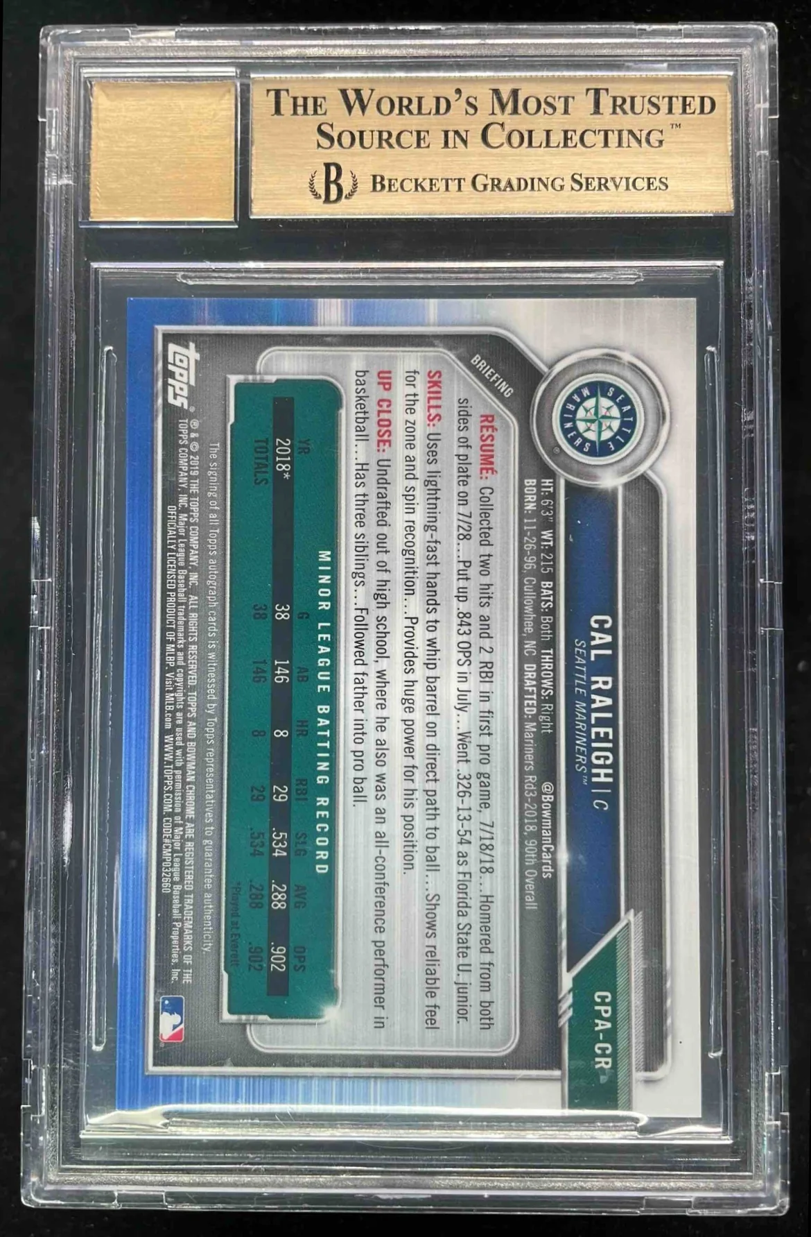2019 Bowman Chrome Rookie Autograph Purple Cal Raleigh RC Auto /250 BGS 9.5 - Image 2
